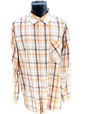 Vintage PJ Mark Mens XL Orange & Brown Plaid Long Sleeve Button Down Shirt